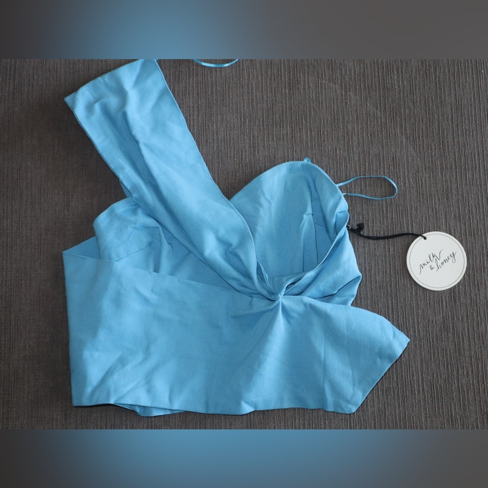 Milk & Honey Blue one shoulder top.